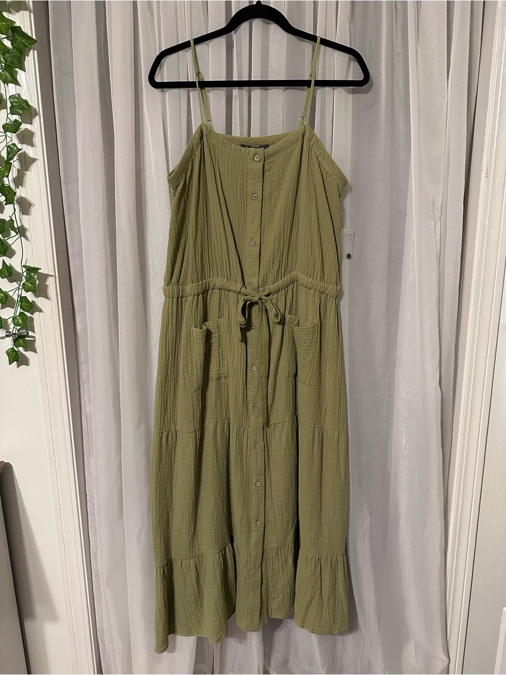 Laurel Grey Olive Green Cotton Gauze Button-Front Maxi Dress Size L